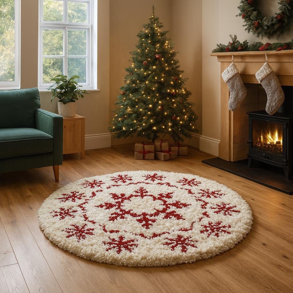 Handmade Wool Snowflake Rug: Red & White Christmas decor