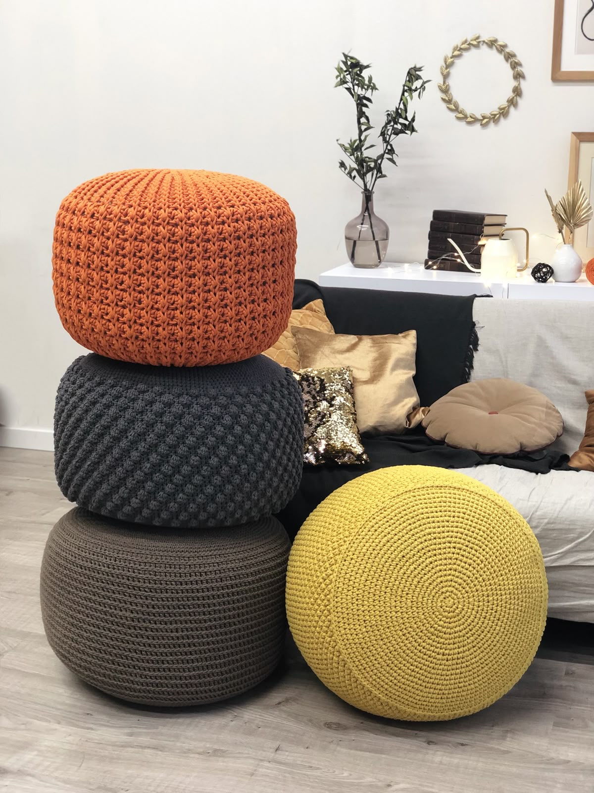 Oversized Knitted Round Floor Pouf Ottoman comfortable seating and footrest